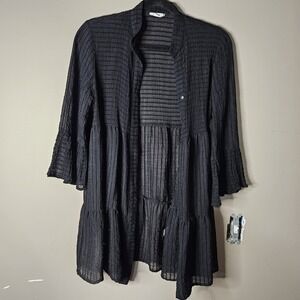 Pinup Fashion Black Solid Shirt Dress Button Front Tiered 3/4 Sleeve S